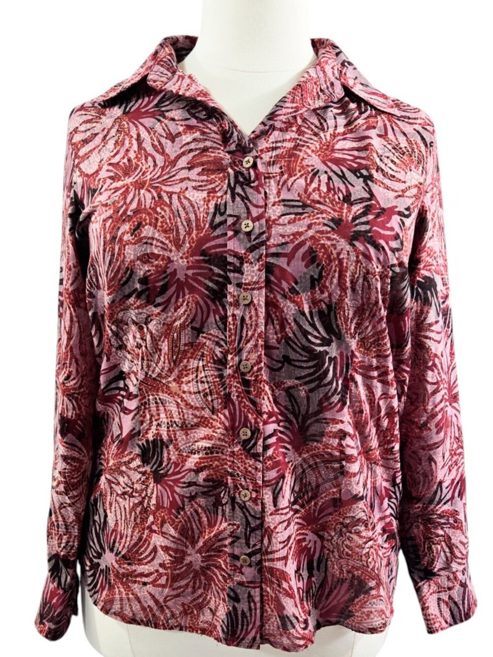 Coldwater Creek Dark Red Wine Maroon Burnout Abstract Floral Button-Up Shirt